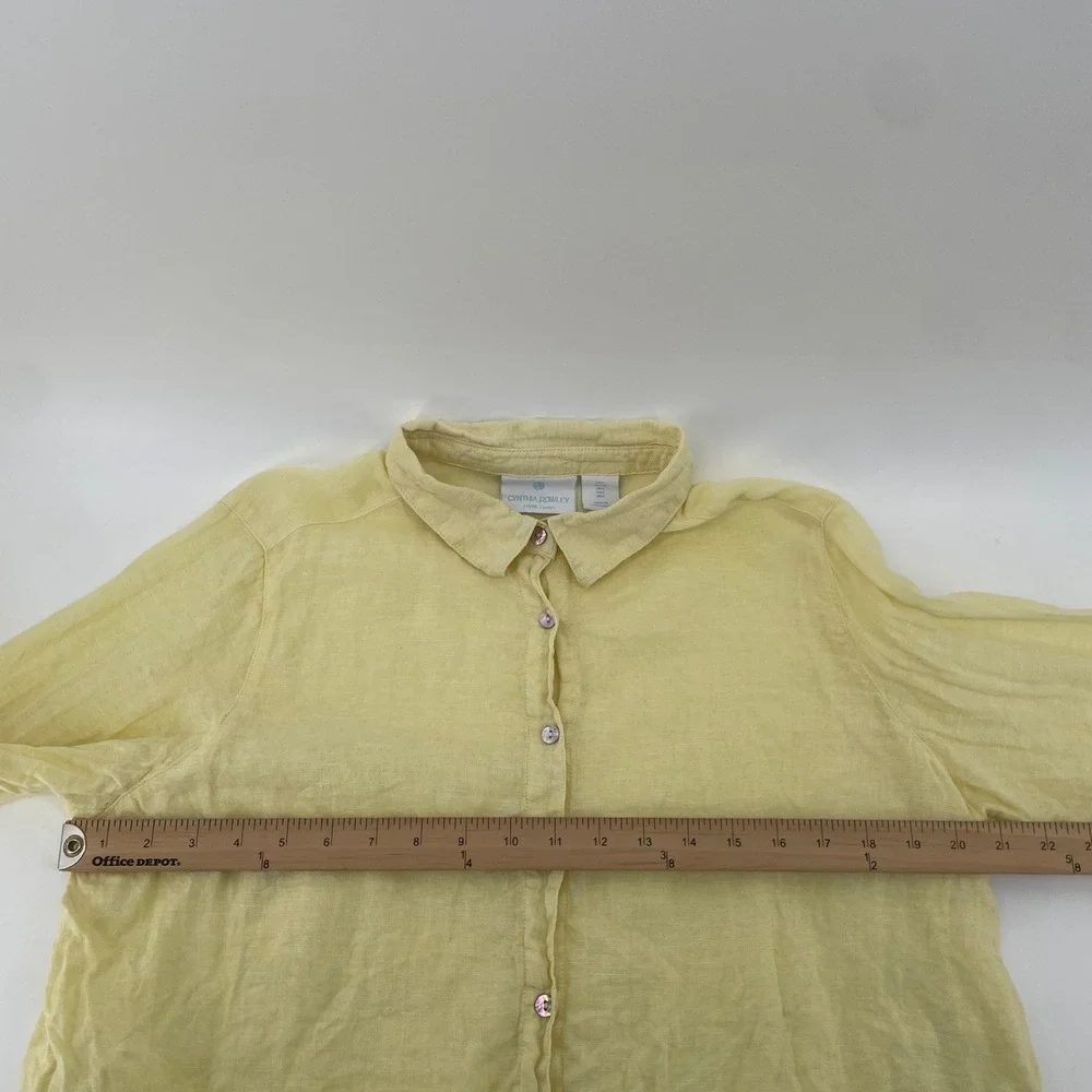 Cynthia‎ Rowley Linen Shirt Womens L Yellow Long Sleeve Cropped Button Down Top